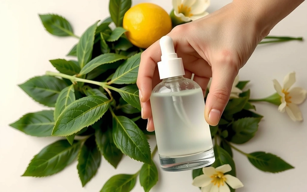 A hand holding a clear glass bottle with a natural skincare product, surrounded by fresh botanical ingredients like leaves and flowers.