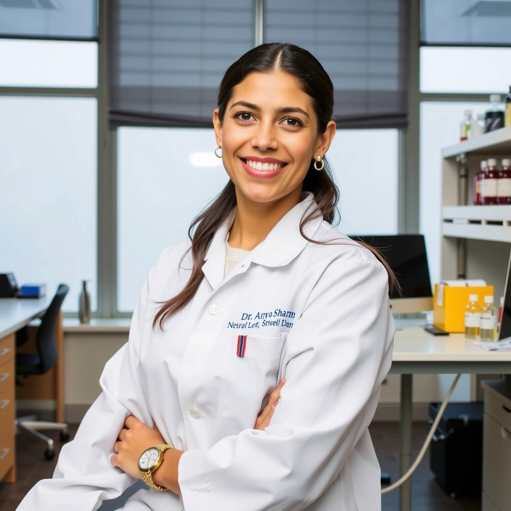 Portrait of Dr. Anya Sharma, co-founder and lead formulator at Glowvexa.