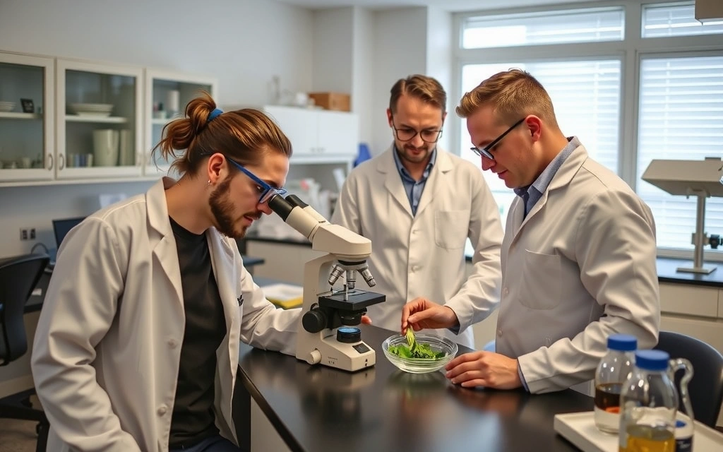 Scientists in a modern lab carefully examining botanical extracts, representing the fusion of nature and science.