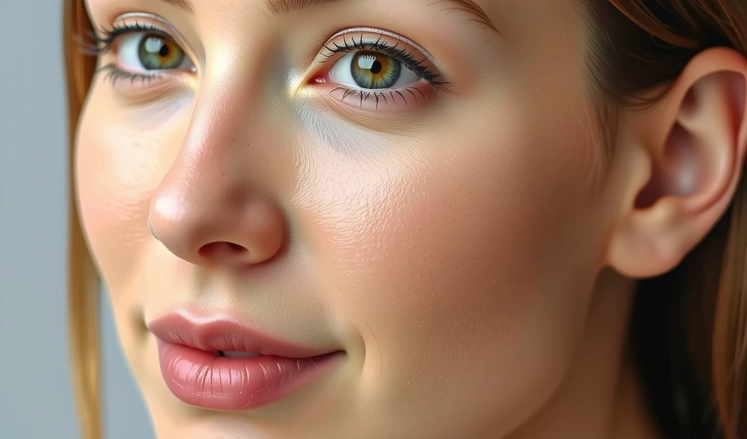 A close-up of a woman's flawless skin with a subtle glow