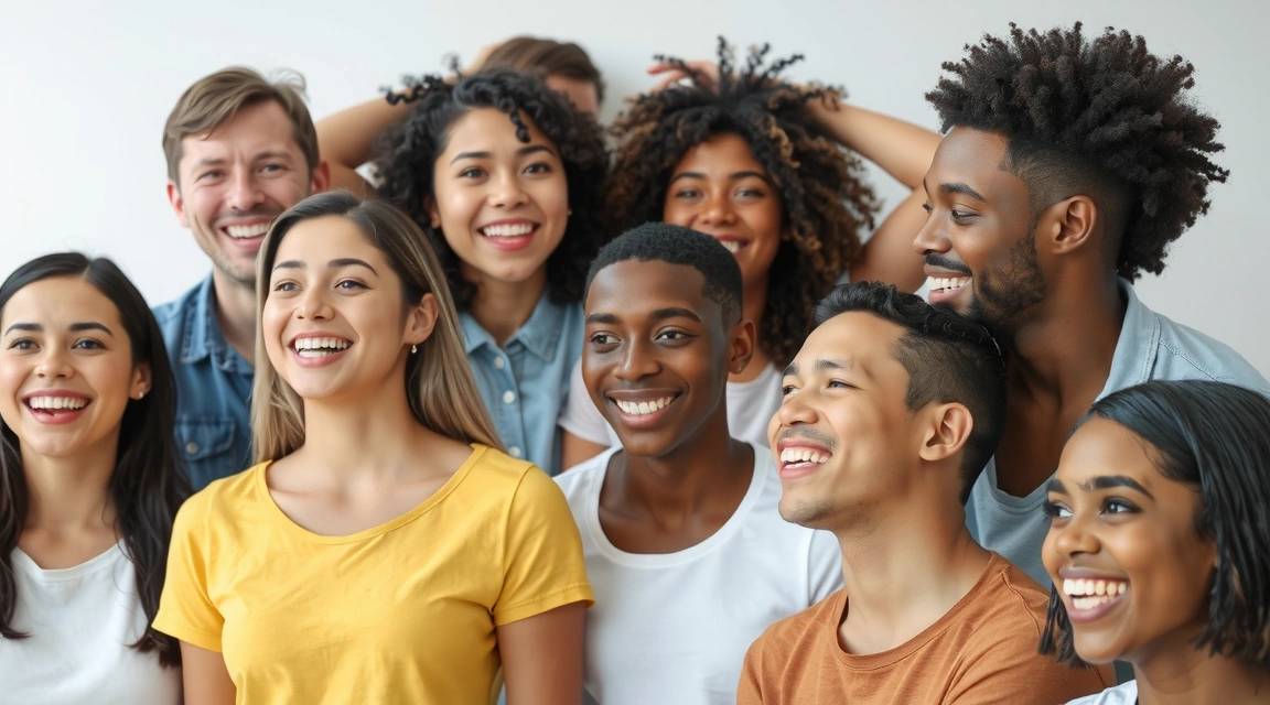 A diverse group of people smiling and laughing, showcasing healthy, natural smiles