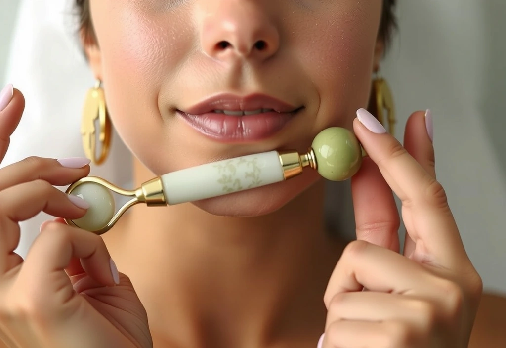 A close-up of a person's hands gently massaging their face with a jade roller