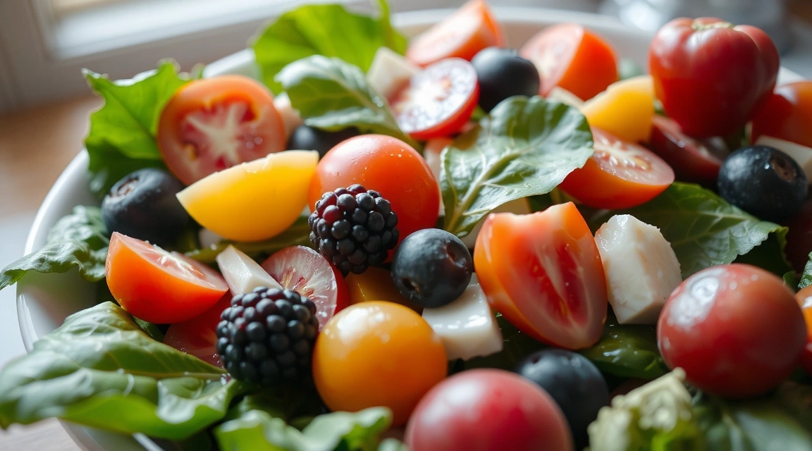 Close-up of a vibrant, fresh salad with various vegetables and fruits