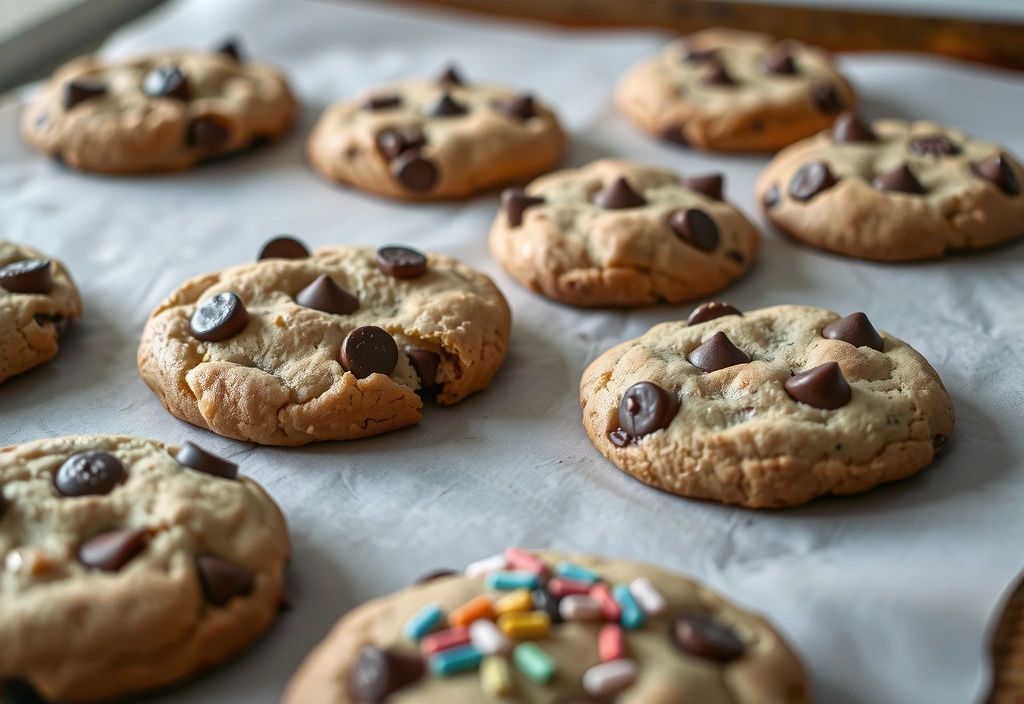 A close-up of various cookies on a baking sheet, some with chocolate chips and others with sprinkles, symbolizing website tracking.