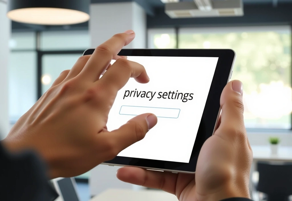 A hand clicking on a 'privacy settings' button on a tablet screen, symbolizing cookie control. The background is a blurred office environment.