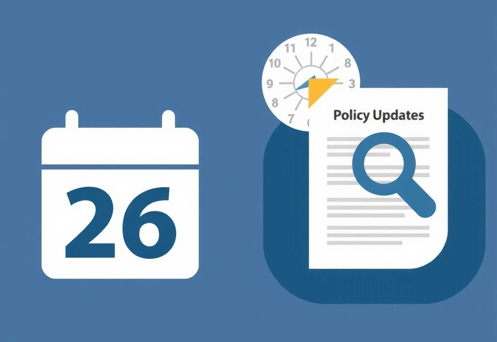 A calendar icon with the date '26' highlighted, next to a magnifying glass over a document, symbolizing policy updates and review.