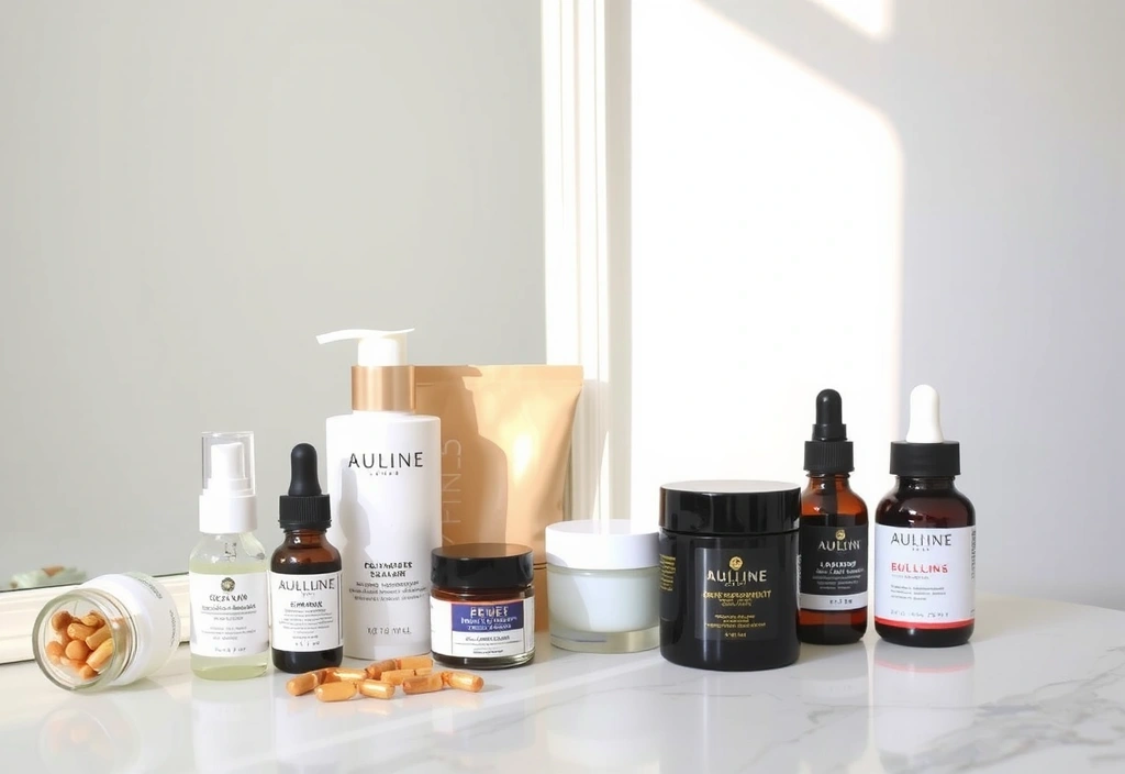 A collection of skincare products and supplements beautifully arranged on a vanity, representing a curated wishlist.