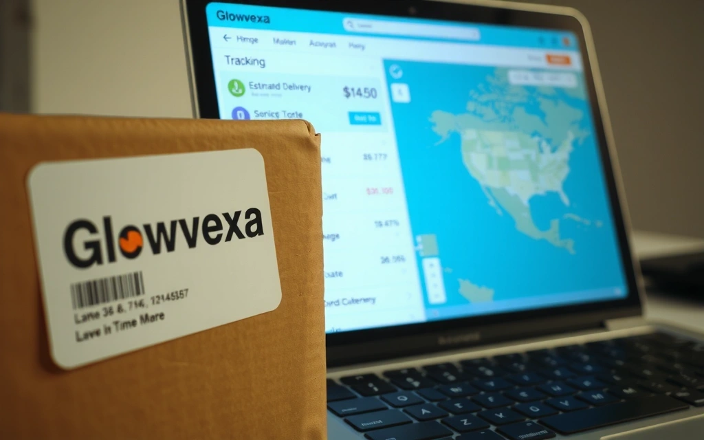 Detailed view of a shipping label and tracking information for a Glowvexa order, emphasizing efficiency and transparency.