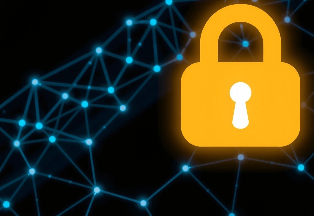 Digital lock icon overlaid on a network of connected data points, representing robust data security and encryption.