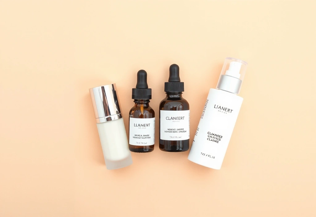 Flat lay of various skincare products arranged neatly on a pastel background