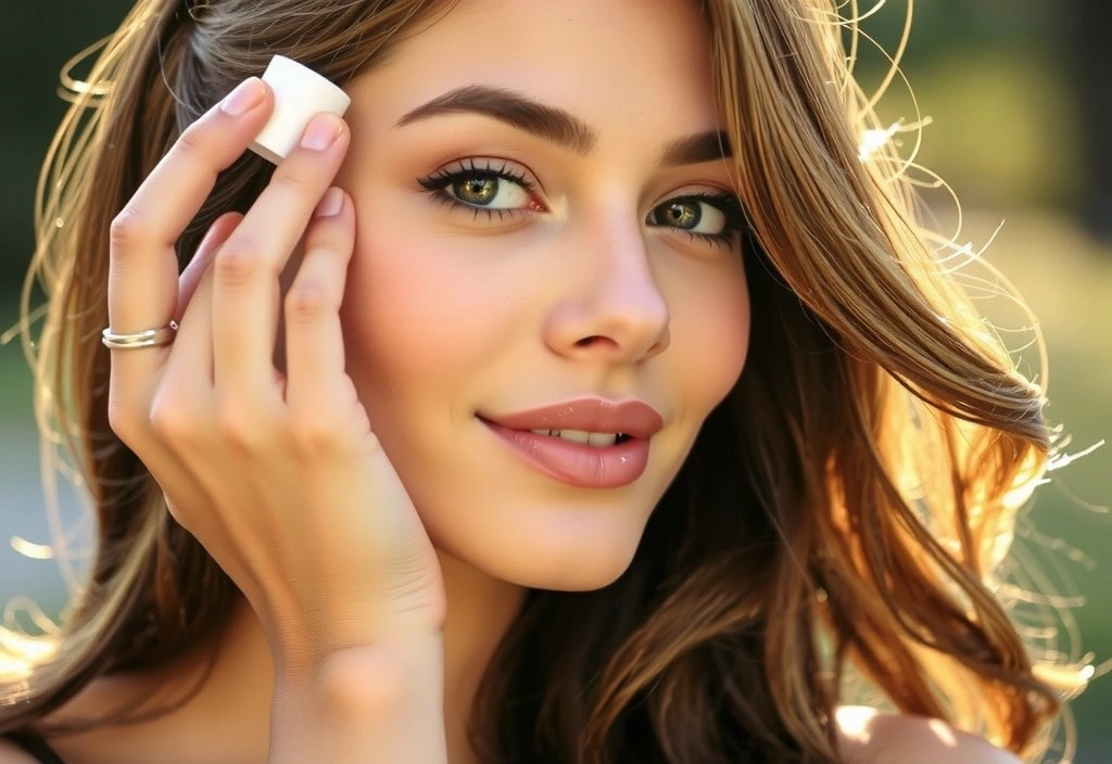 Woman applying sunscreen to her face outdoors, with sun rays in the background