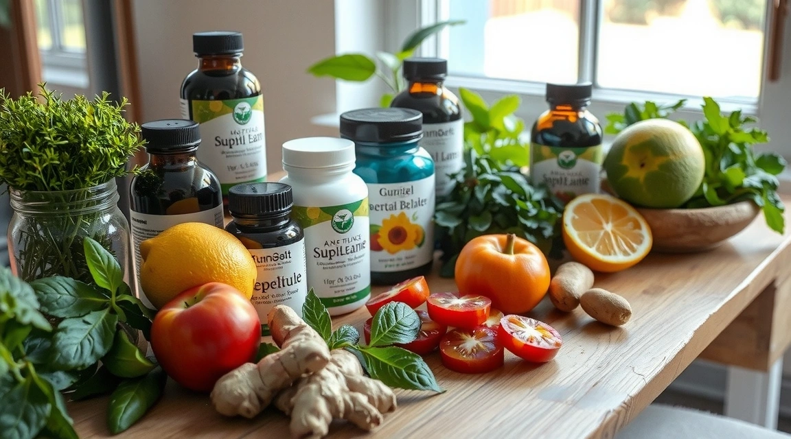 Assortment of natural health supplements and fresh ingredients on a wooden table, with soft, natural lighting
