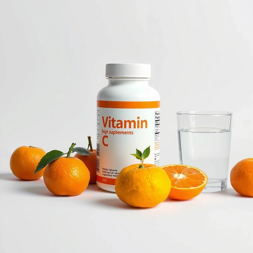 Large bottle of Vitamin C supplements, with oranges and a glass of water nearby